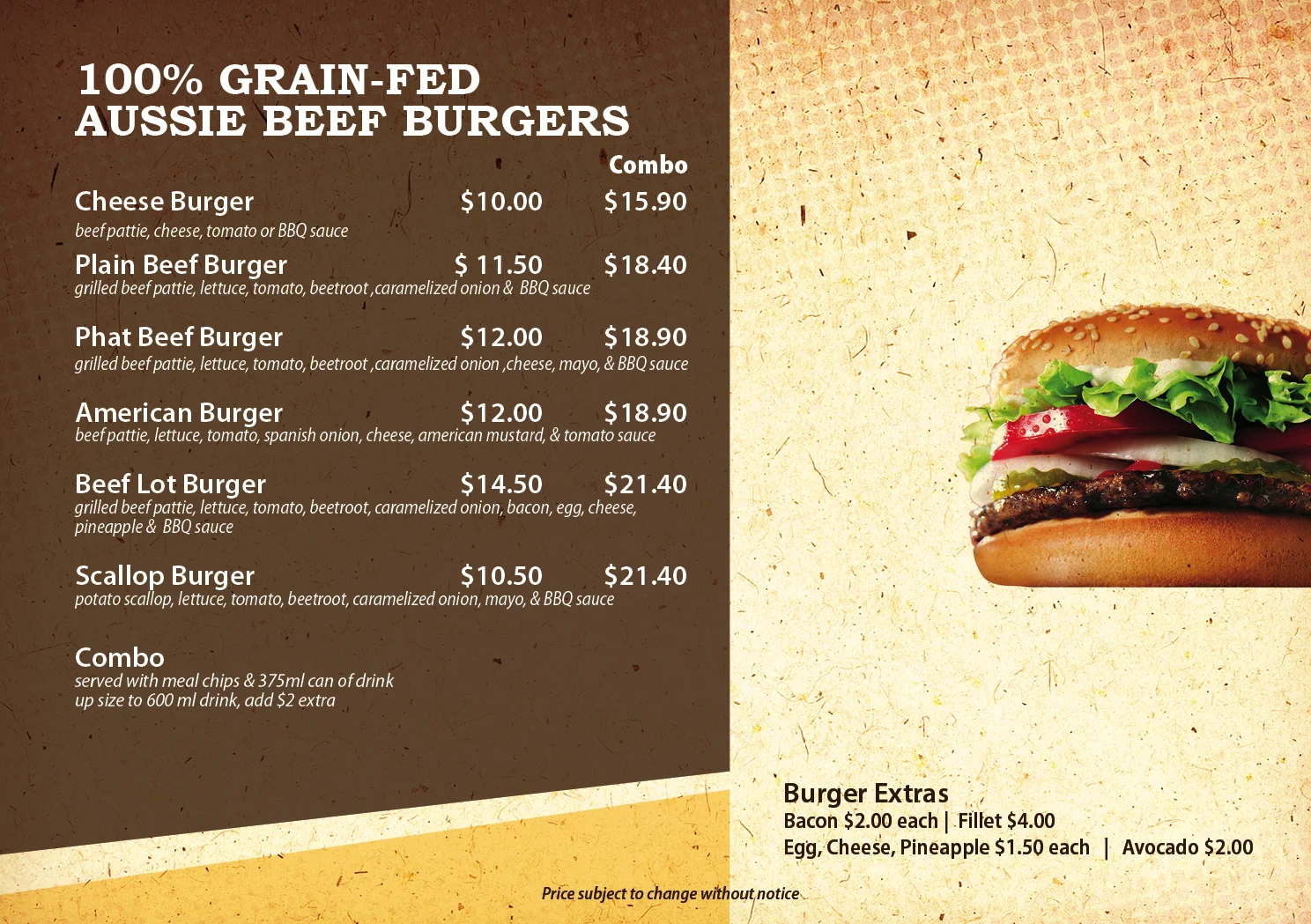 Phat Chicken menu | grain fed aussie beef burgers